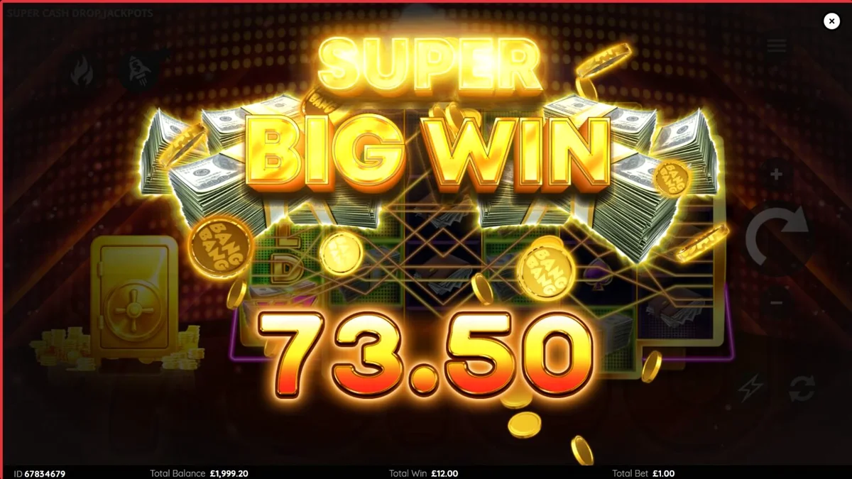 Tampilan layar permainan slot Super Cash Drop Jackpots dengan tema brankas neon