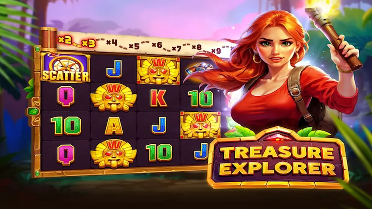 Pemandangan hutan kuno dan gulungan slot Treasure Explorer